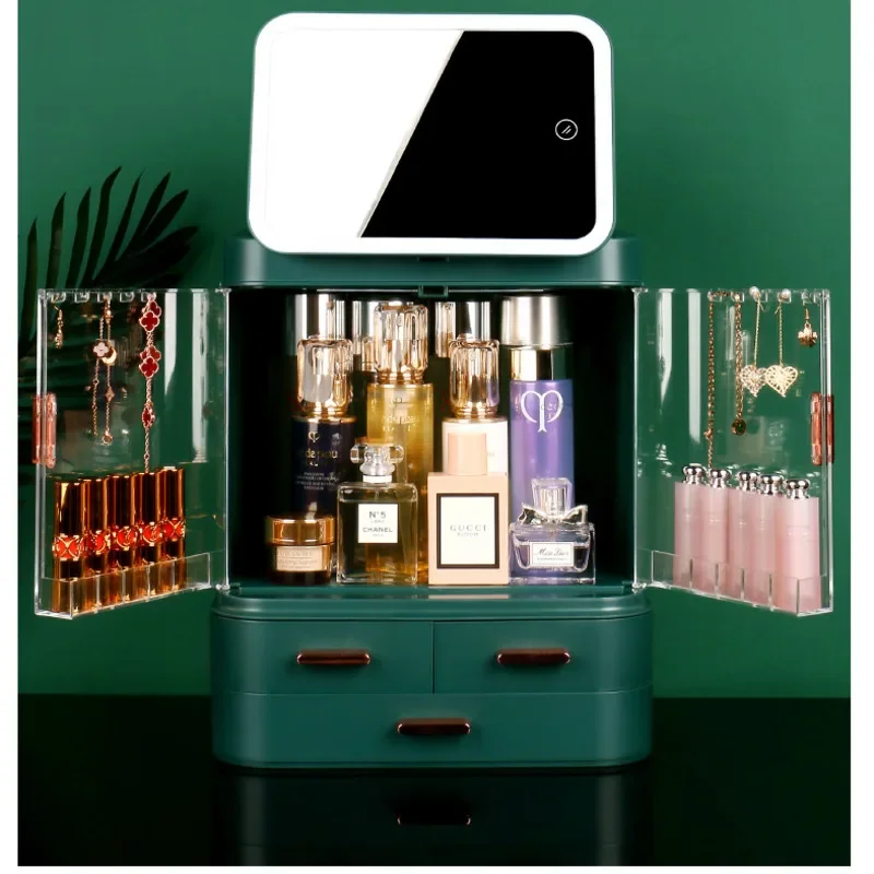 

Luxury Makeup Organizer Box with LED Mirror: Dust-Proof Elegant Dressing Table Cosmetic Holder Household Storage Solution.