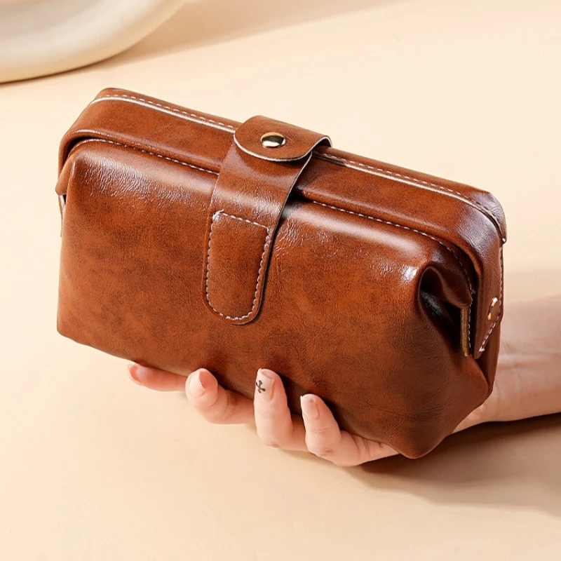 PU Leather Cosmetic Bag Women Large Capacity Waterproof Makeup Case Vintage Solid Color Cosmetic Organize Storage Bag Coin Purse