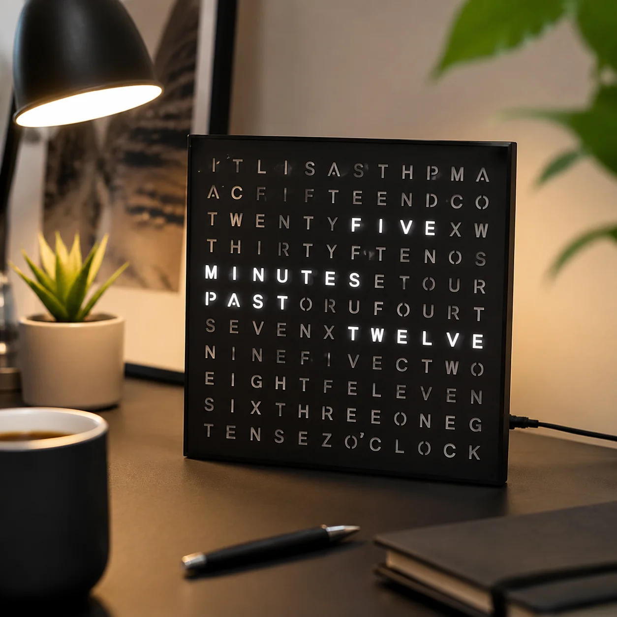 LED Digital Word Clock English Letter Time Display Desktop Timer Office Study Bedroom Modern Minimalist Home Decor Black