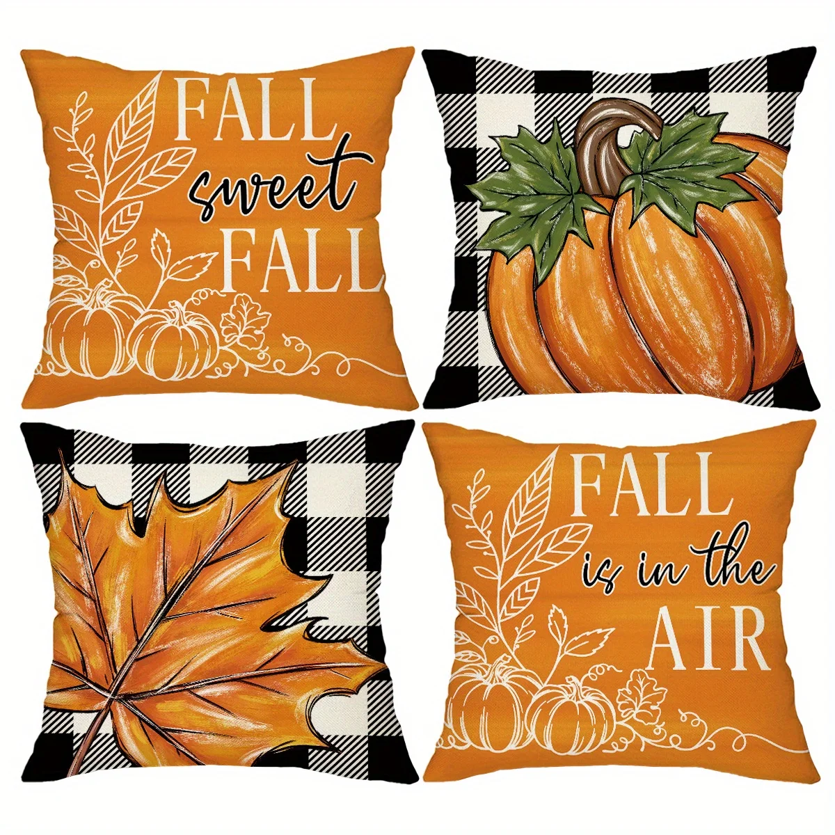 4pcs Fall Pumpkin Printed Throw Pillow Covers 18x18 Inch, Buffalo Plaid Maple Leaf Pattern Farmhouse Thanksgiving Decor