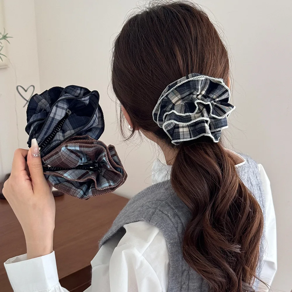 Retro Korean Plaid Banana Clip College Style Double-layer Plaid Banana Clip Fashion Versatile Students Ponytail Clip Accessories