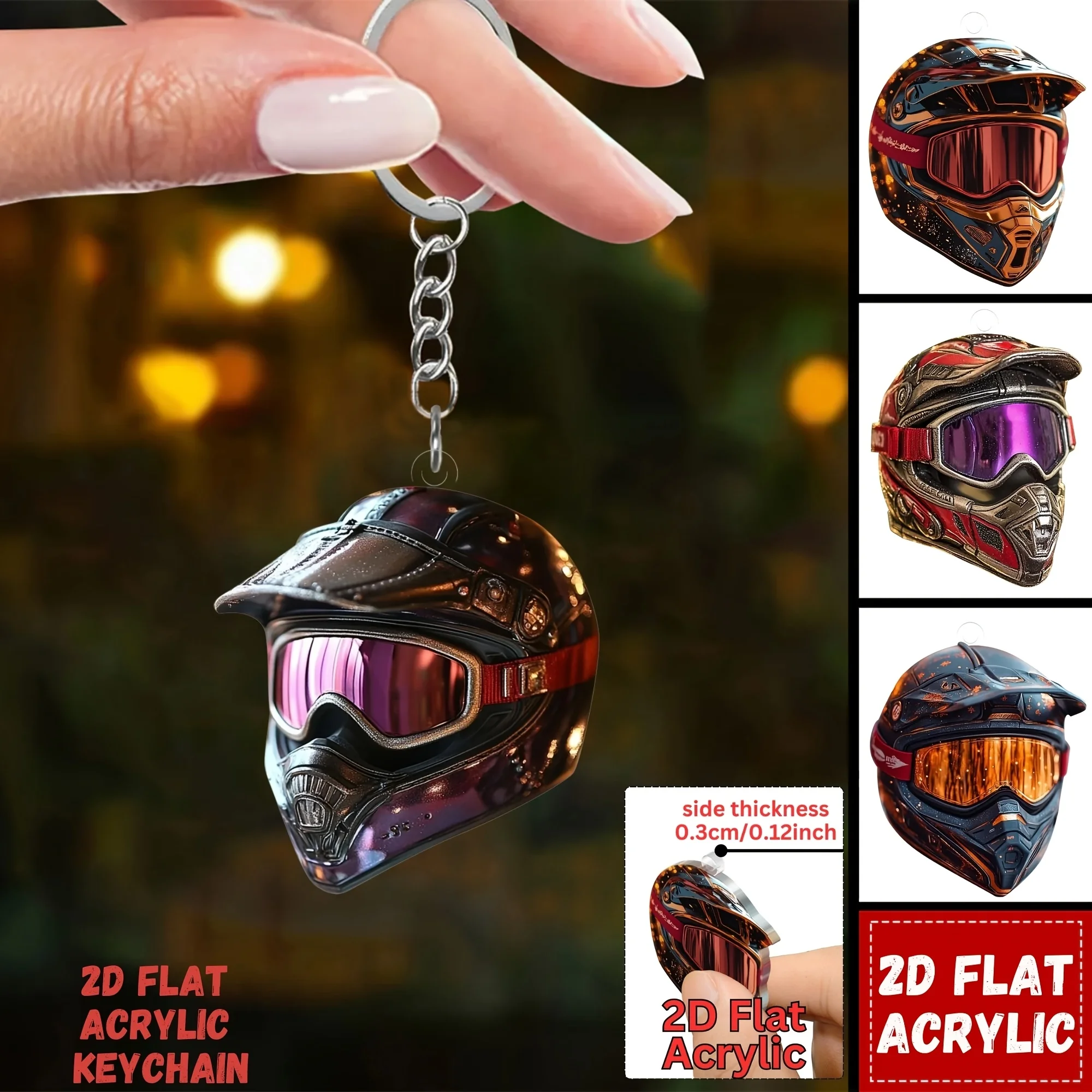 2D Motocross Helmet Keychain Acrylic Multi-Color Options for Backpack Car Keys Decor Classroom Office Gift for Boyfriend Men