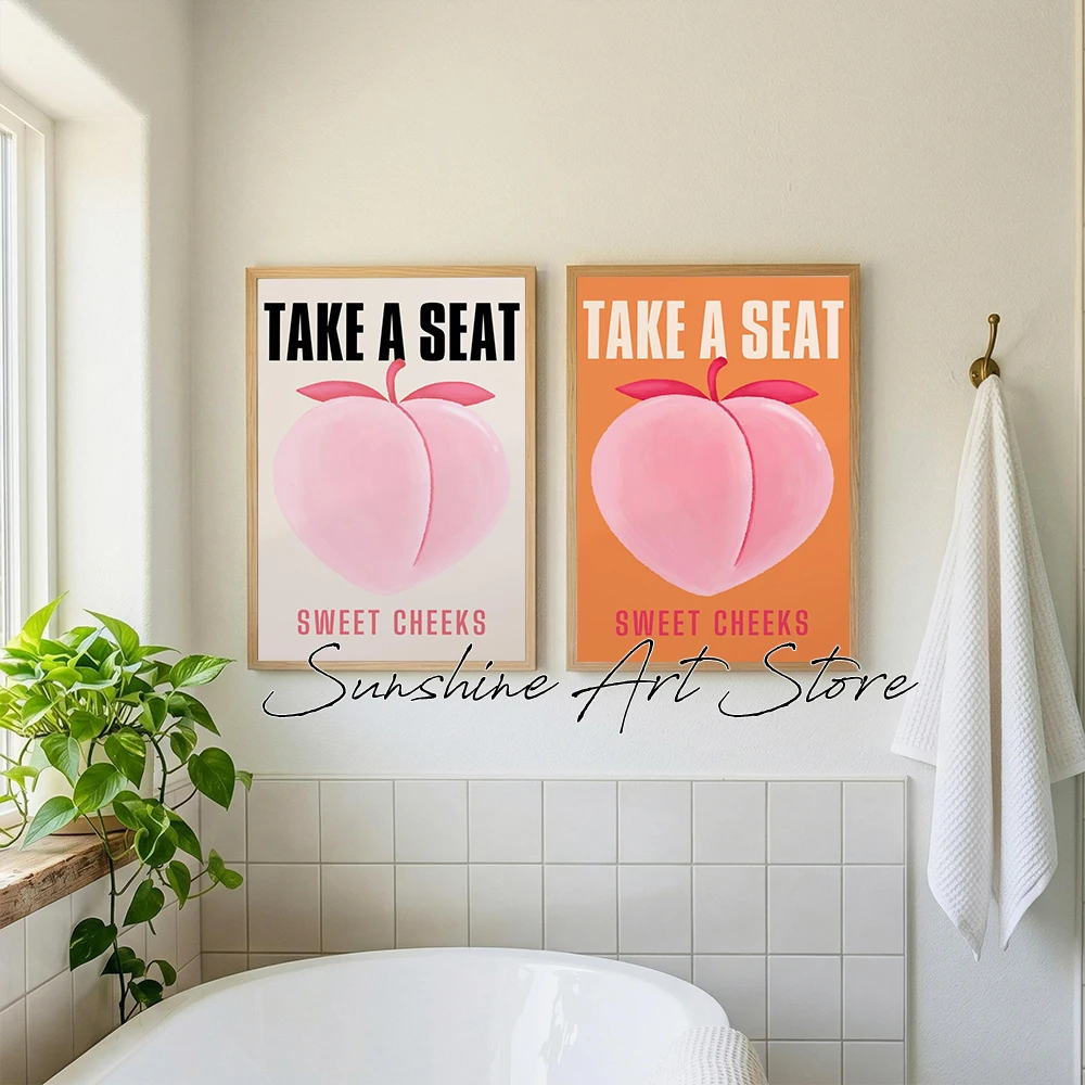 Funny Bathroom Peach Art Sweet Cheeks Retro Toilet Poster Humor Bar Washroom Toilet Wall Art Canvas Painting Wall Pictures Decor