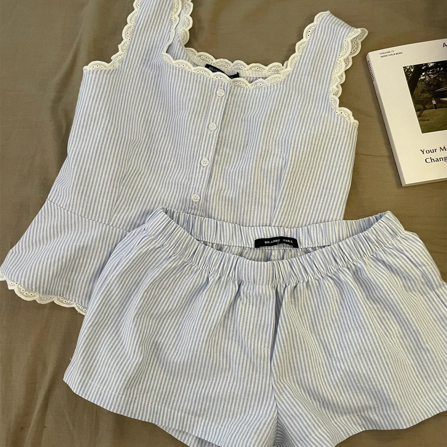 

Striped Women's Sleepwear, Summer Sleepwear, Sleeveless Shorts Set, 2-piece Set, Lace Sleepwear, Vest, Sleepwear, Home Wear