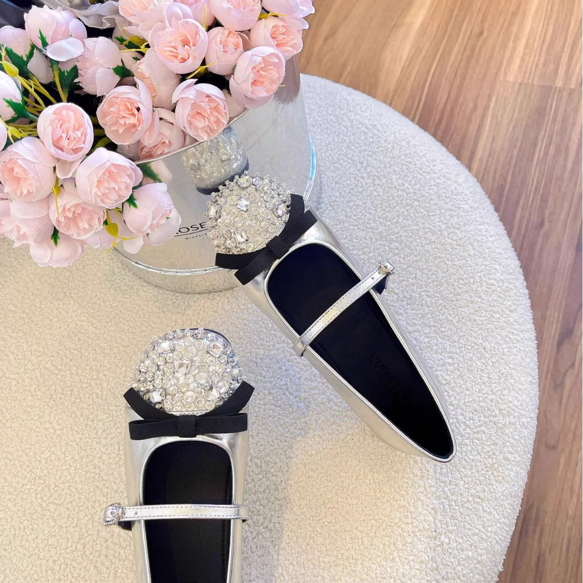 

2025 Spring New French Bow Decorated Women's Mary Jane Shoes Round Toe Heightening Silver Rhinestone Sexy Ladies Ballet Shoes