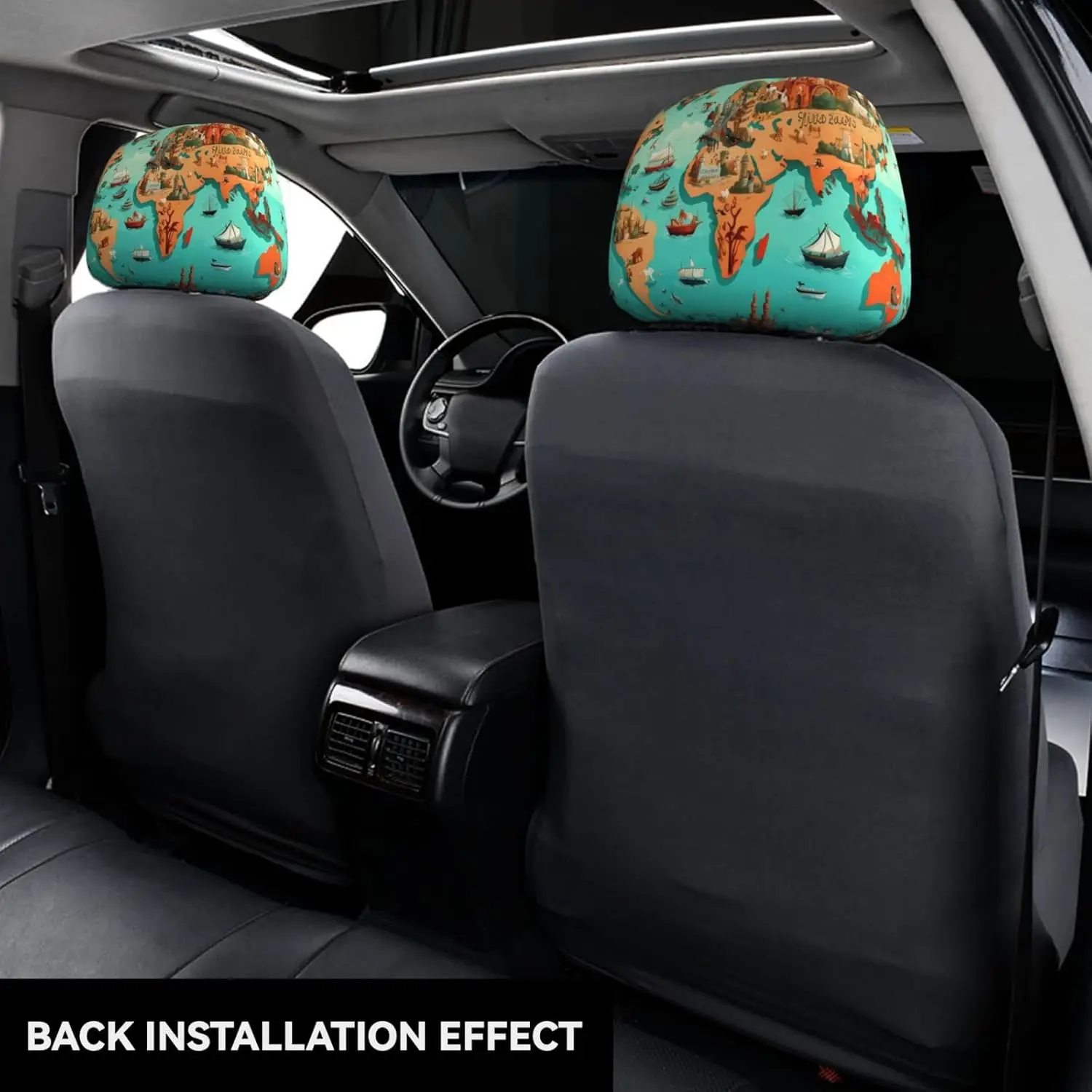 Cute Animals Map Print Car Headrest Covers Personalized Universal Car Seat Head Rest Protector Elastic Car Headrest Covers 2 Pcs