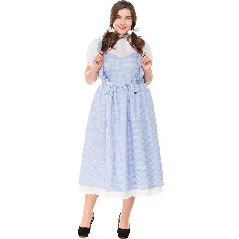 

Girls Pastoral Chiffon Suspender Dance Costume Maid Halloween Adult Luxury Clothing Bohemian Print Blue Plaid Women's Dress Suit