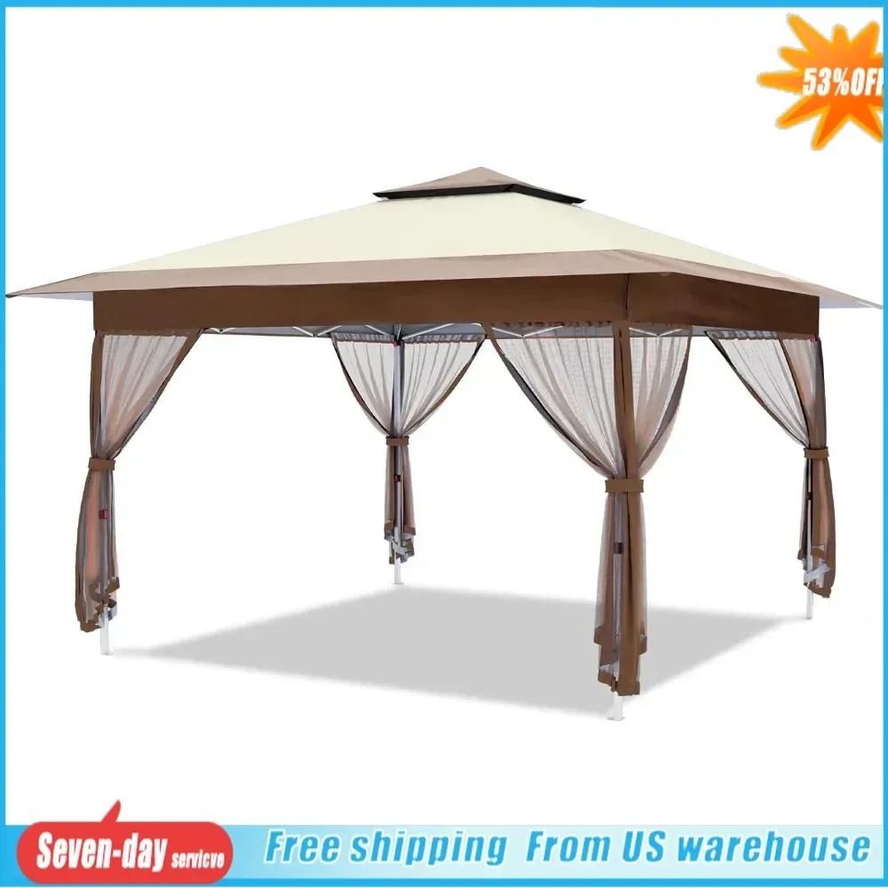 

12'x12' Gazebo Outdoor Pop Up Canopy Tent With Curtains and Shelter for Patio Party & Backyard (Khaki) Garden Buildings Pergola