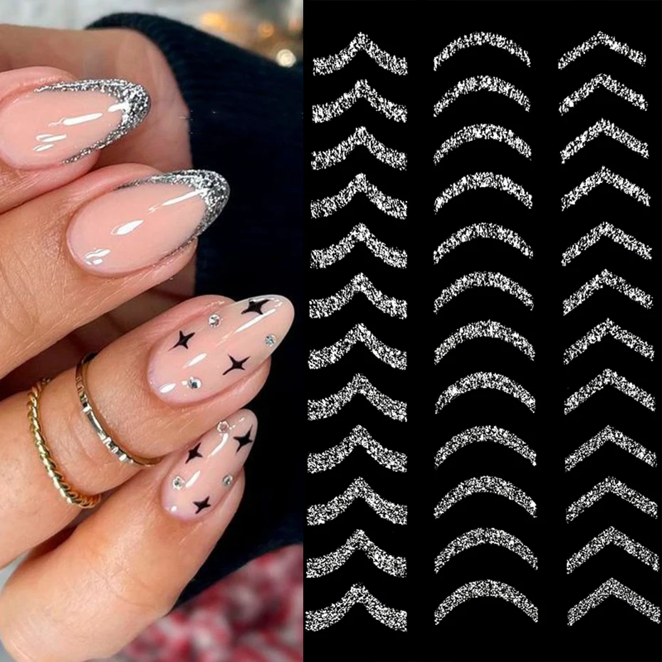 French 3D Nail Decals Stickers Stripe Line French Tips Transfer Nail Art Manicure Decoration Sliver Reflective Glitter Stickers