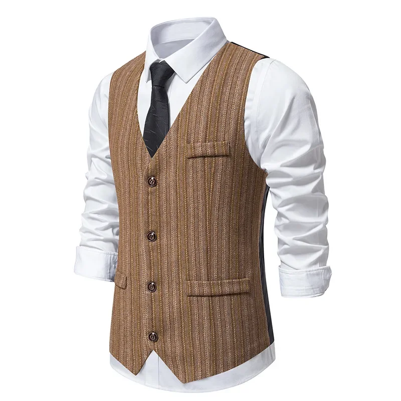 Mens Vintage Striped Herringbone Tweed Vest 2023 Brand Slim Fit Sleeveless Suit Vest Waistcoat Men Business Prom Gilet Homme XXL