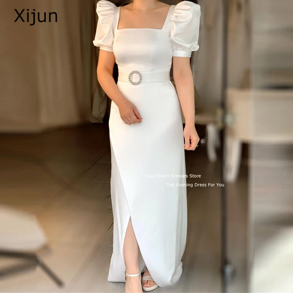 

Xijun Mermaid White Evening Dress With Belt Prom Dress Formal Occasion Prom Gowns For Women Saudi Arabric Slit Ankle Length 2023