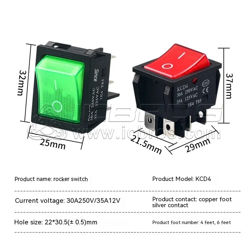 5pcs Welding machine high current boat type switch, 35A, high-power rocker power KCD4 with light boat shaped four legs red green