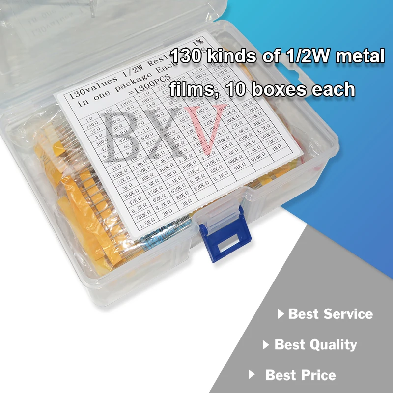 1300PCS/Set 130 Values X 10Pcs  1% Metal Film Resistors 1/2W 0.5W Assorted Pack Kit Set Lot Resistors Assortment Kits  + Box