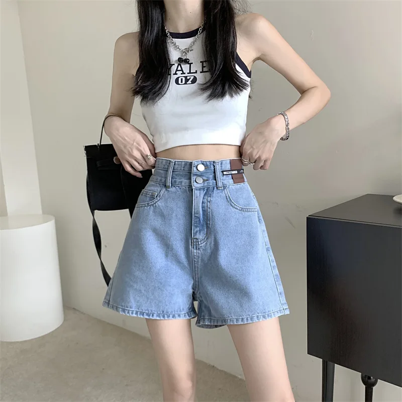 

New High Waist Washed Women's Denim Wide Leg Shorts Summer Buttons Casual Korea Female Blue Jeans Trouses Pockets Hot Pants