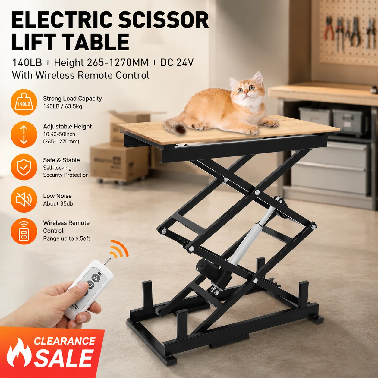 Electric Scissor Lift Table 140LBS DC 24V Hydraulic Lift Table 265-1270mm Height Adjustable with Wireless Remote Control Self-Locking Heavy Duty Iron Lift Table for Material Handling and Transportation Warehouse Factory Cargo Lifting