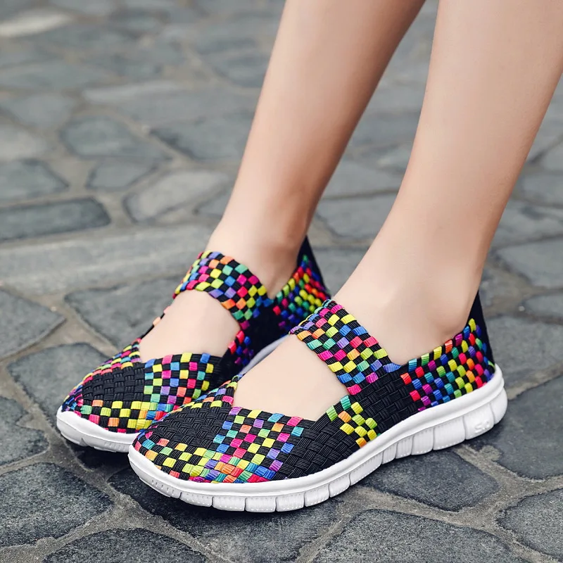 Versatile Lightweight Sneakers Women 2024 Fashion Woven Elastic Casual Shoes Plus Size Colorful Flat Shoes Breathable Zapatillas