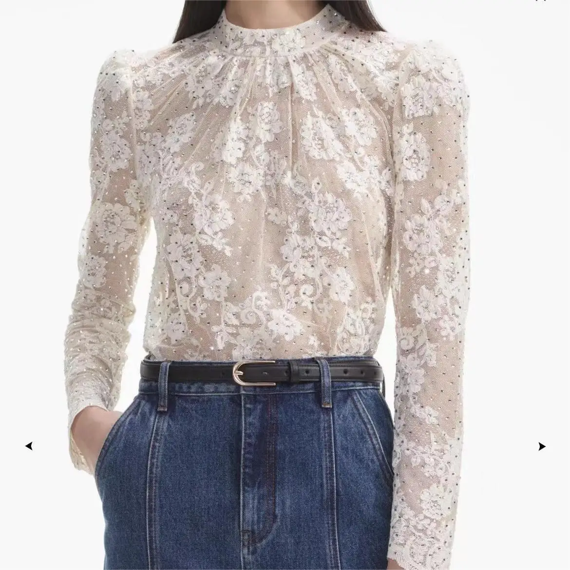 Blusa De Manga Comprida De Diamantes, Tops De Retalhos De Renda Branca