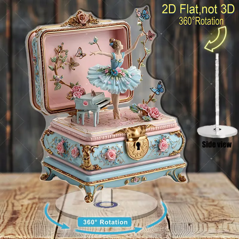 Caja de Música de Bailarina con Base Acrílica Plana 2D 360 ° Figura de Bailarina de Ballet Vintage Giratoria, Decoración de Escritorio, Adorno para el Hogar, Regalo de Cumpleaños para Niñas