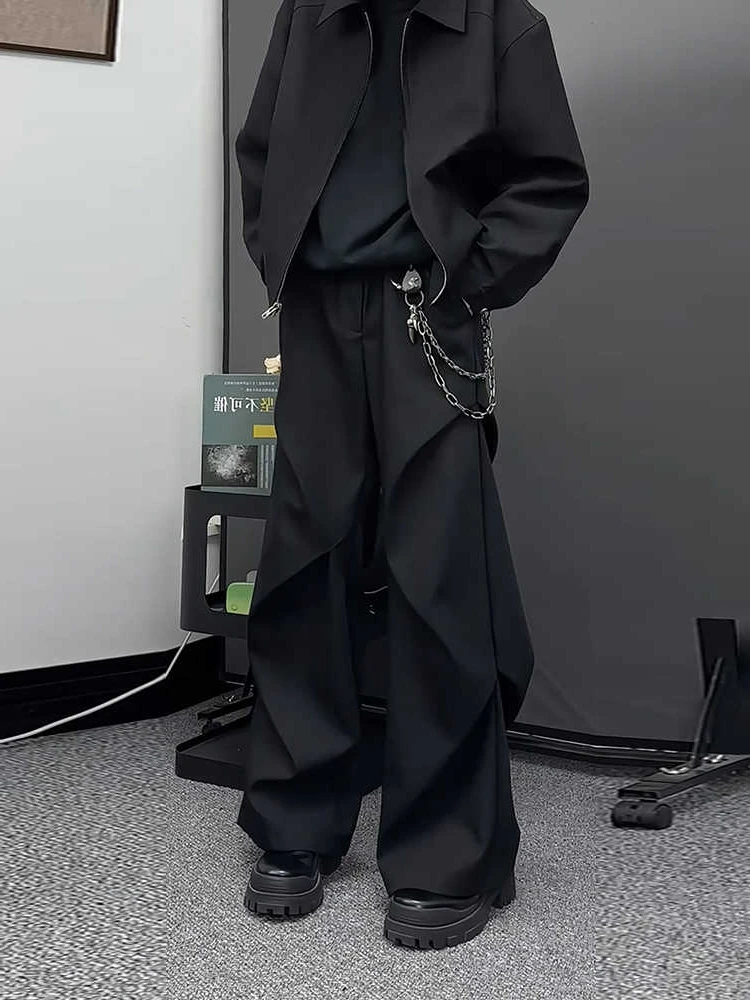 ブラックベルボトムパンツメンズ春秋カジュアルワイドレッグアンブレラソルジャー折りたたみ風センスハイエンドドレープナイフエッジ