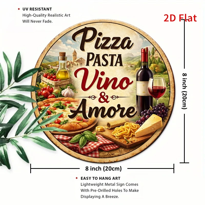 2D Flat - [2Dflat]1pc 7.87X7.87inch- Tin Sign, Vintage Italian Food Wall Art, Pizza Pasta Vino Metal Sign, Perfect for Kitchen,