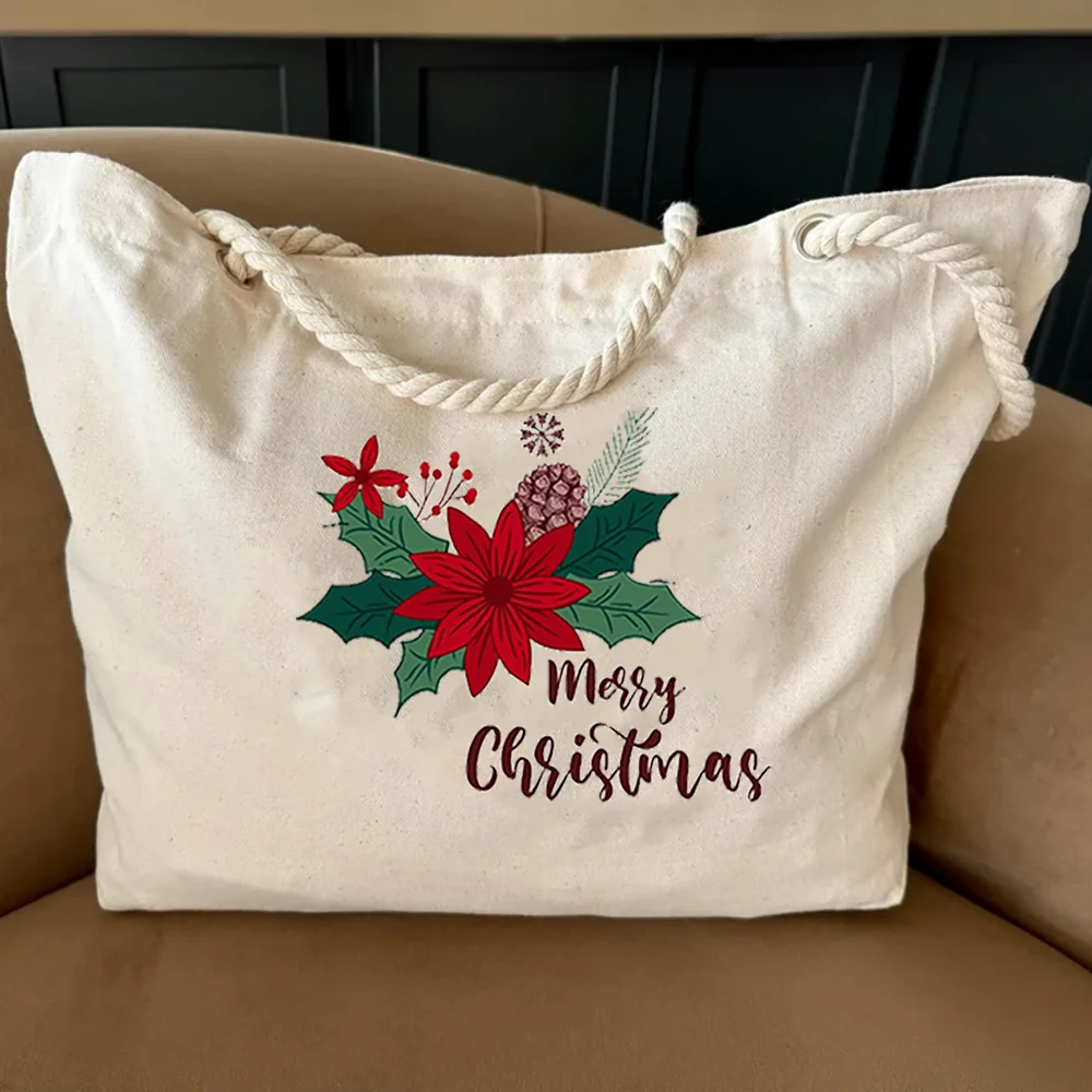

Flower Merry Christmas Tote Bag Canvas Candy Bag Christmas Ornaments Women Xmas Eve Family Gift Santa Sack New Year Party Decor