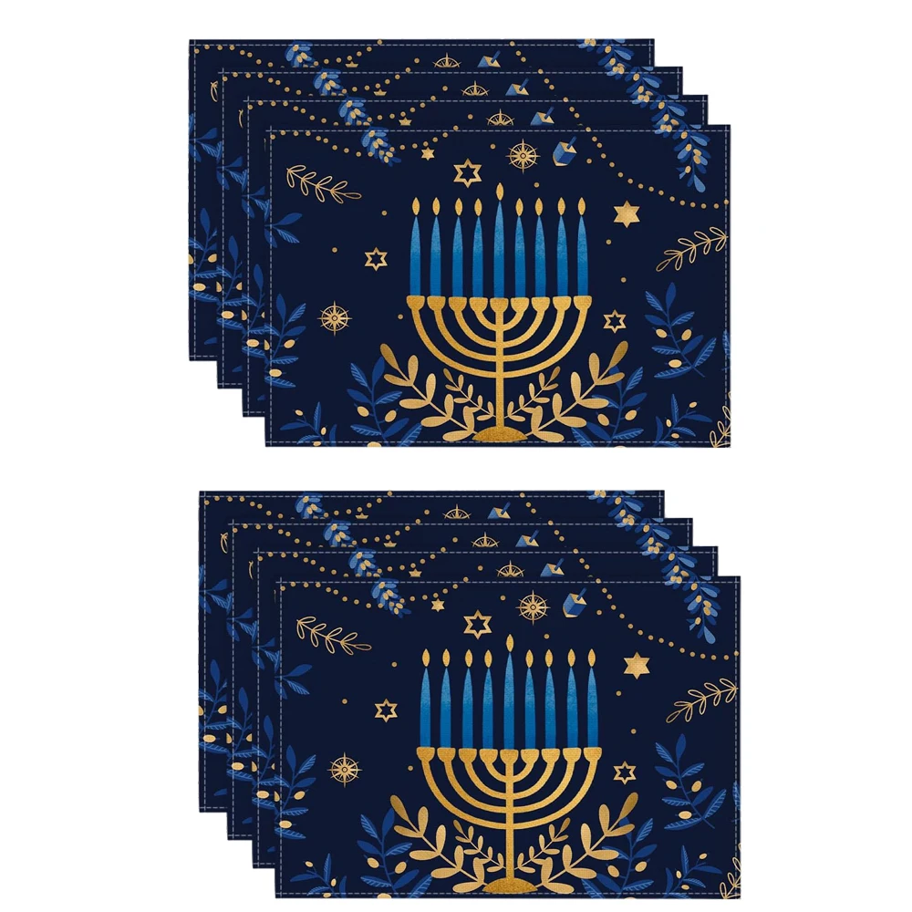 8Pcs Hanukkah Rosh Hashanah Passover Placemat Set Jewish Holiday Star of David Menorah Kitchen Table Mat Decor Gift Cloth Fabric