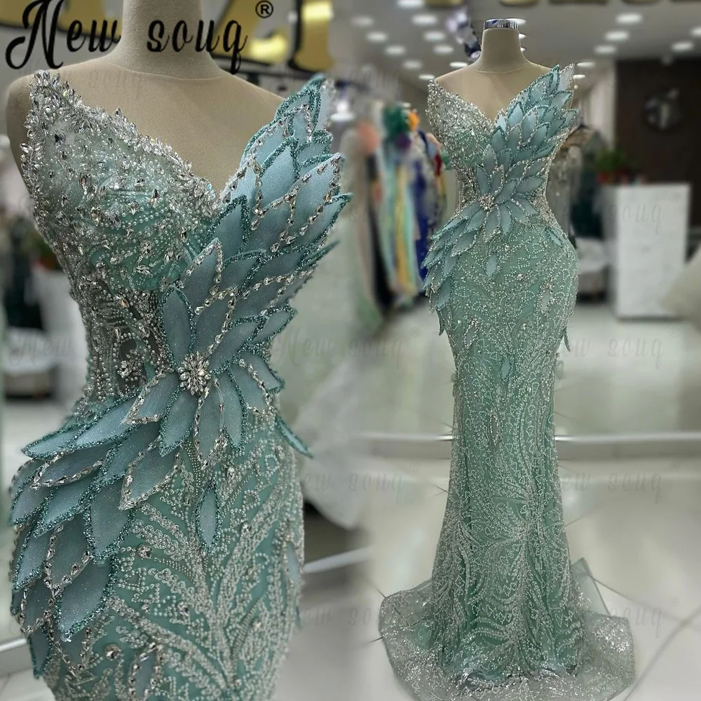 Arabic Turquoise Embroidery Evening Dress  V Neck Mermaid Wedding Guest Gowns Luxury Formal Dress for Special occasions Custom