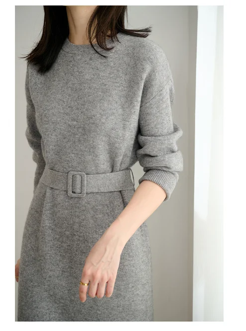 Women 2026 Autumn Winter Textured Knit Dress Loose Mid Length Sweater Dress Elegant Thick Soft Inner Dress for Coat