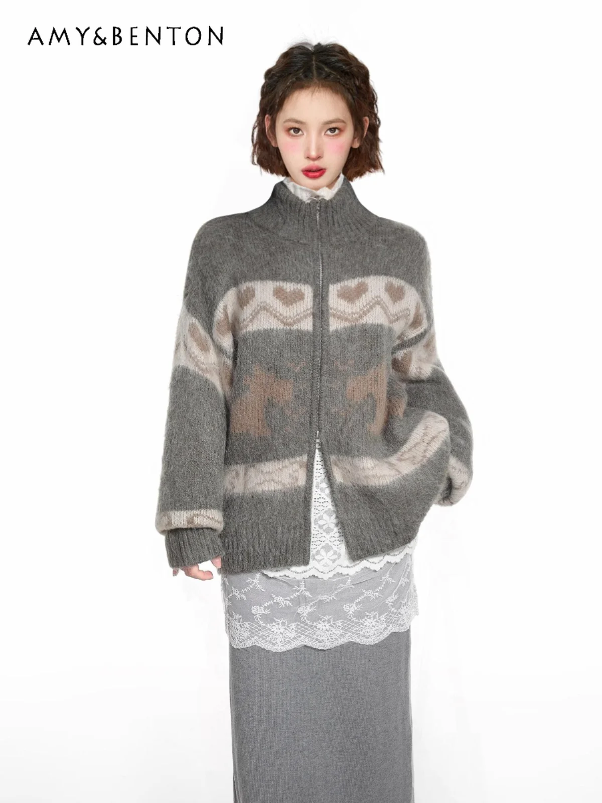 

Осень-зима 2025 г., новый серый свитер на молнии с высоким воротом, пальто для женщин, свободный повседневный утолщенный вязаный кардиган с воротником-стойкой