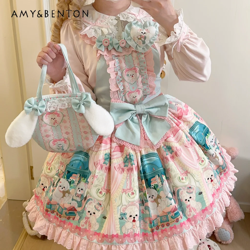 Sweet Party Lolita Strap Dress Sets Original Design Cute Cartoon Print Bow Slim Ruffle Edge JSK Tutu Dress Shirt Two Piece Set