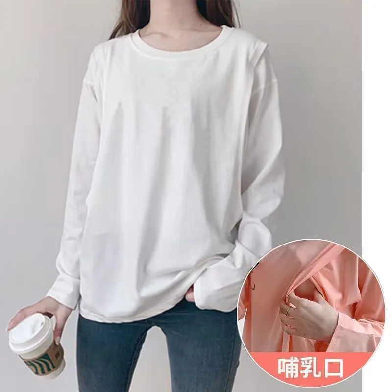 Autumn Long Sleeve Nursing T-shirt Fashion Letters Print Maternity Cotton Lactation Clothes Postpartum Woman Breastfeeding Tees