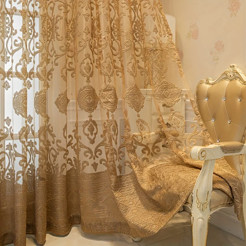 1pc Khaki 3D Embossed Sheer Curtains, European Court Pattern Light Filtering Voile, Ready-Made Drapes for Living Room Bedroom