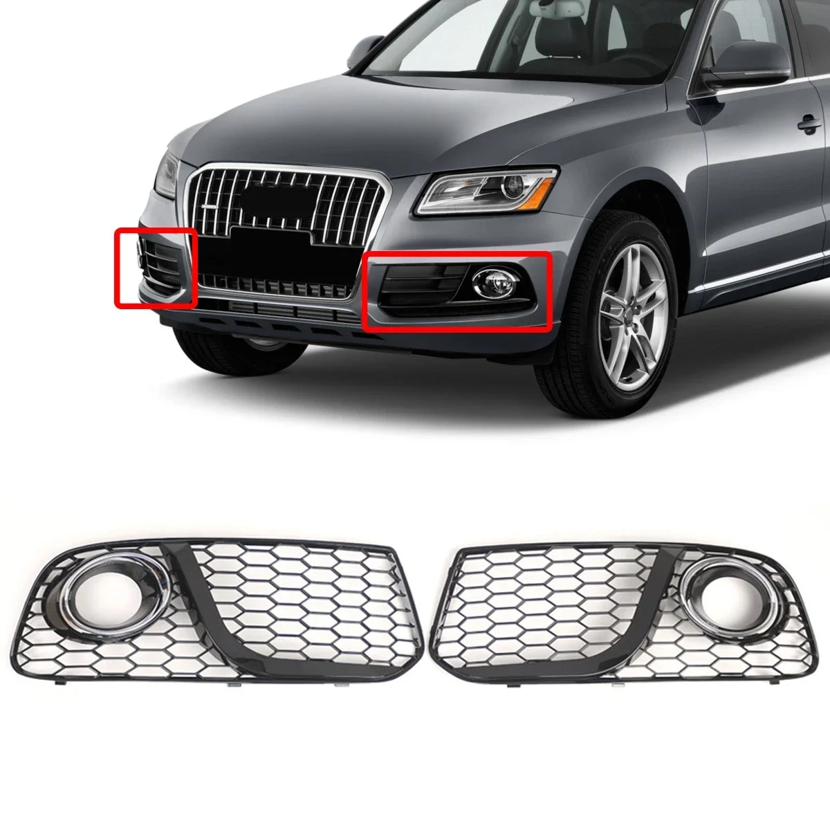 

Для Audi Q5 2013-2016 пара позолоченных колец, передний бампер, противотуманная фара, решетка, автомобильные аксессуары OEM 8R0807681M 8R0807682J A