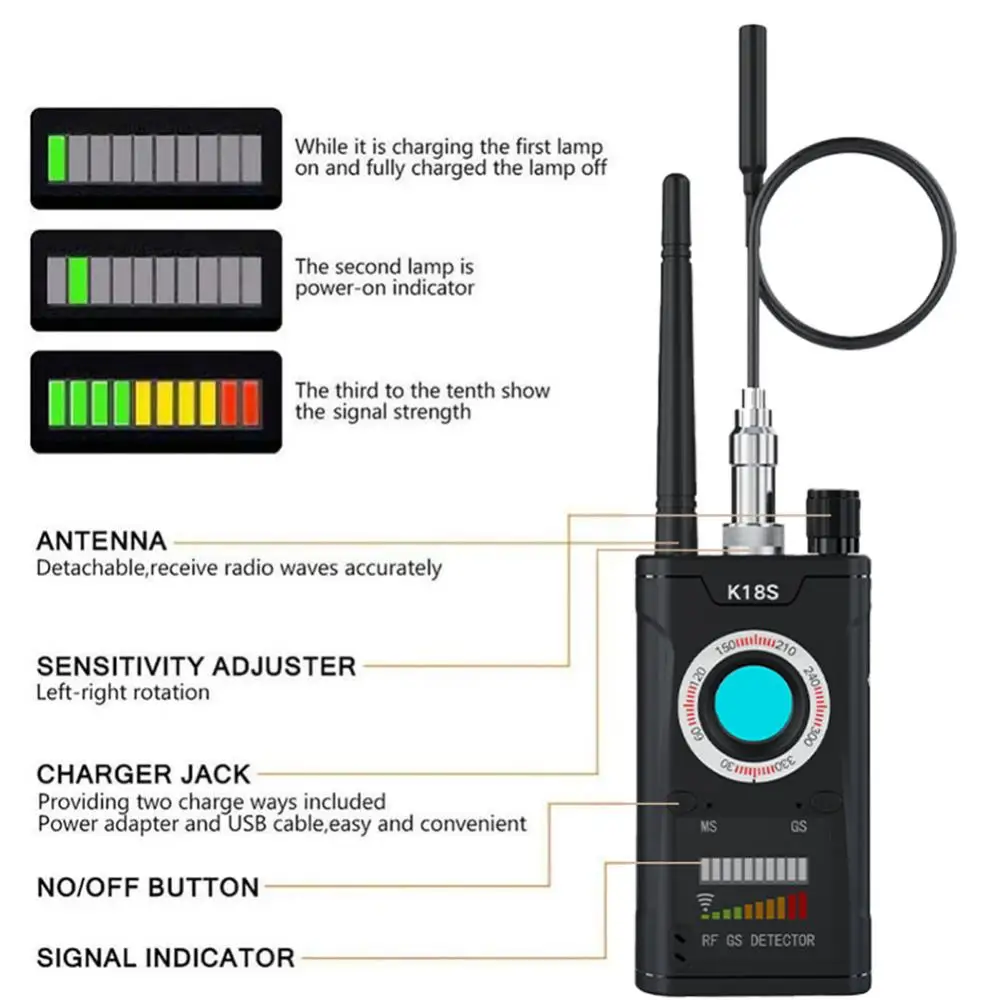 كاشف كاميرا متعددة الوظائف K18S ، مكتشف أخطاء الصوت GSM ، إشارة GPS ، تعقب الترددات اللاسلكية ، كشف التنصت ، ماسح خصوصية
