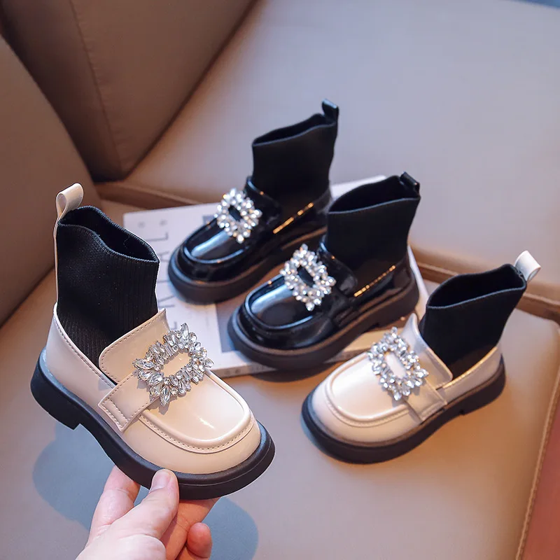 Children Ankle Boots Sock Girls Patent Leather Autumn Chelsea Boots Kids Rhinestone Shoe Black Fashion Kids Sneakers 3-12 Year