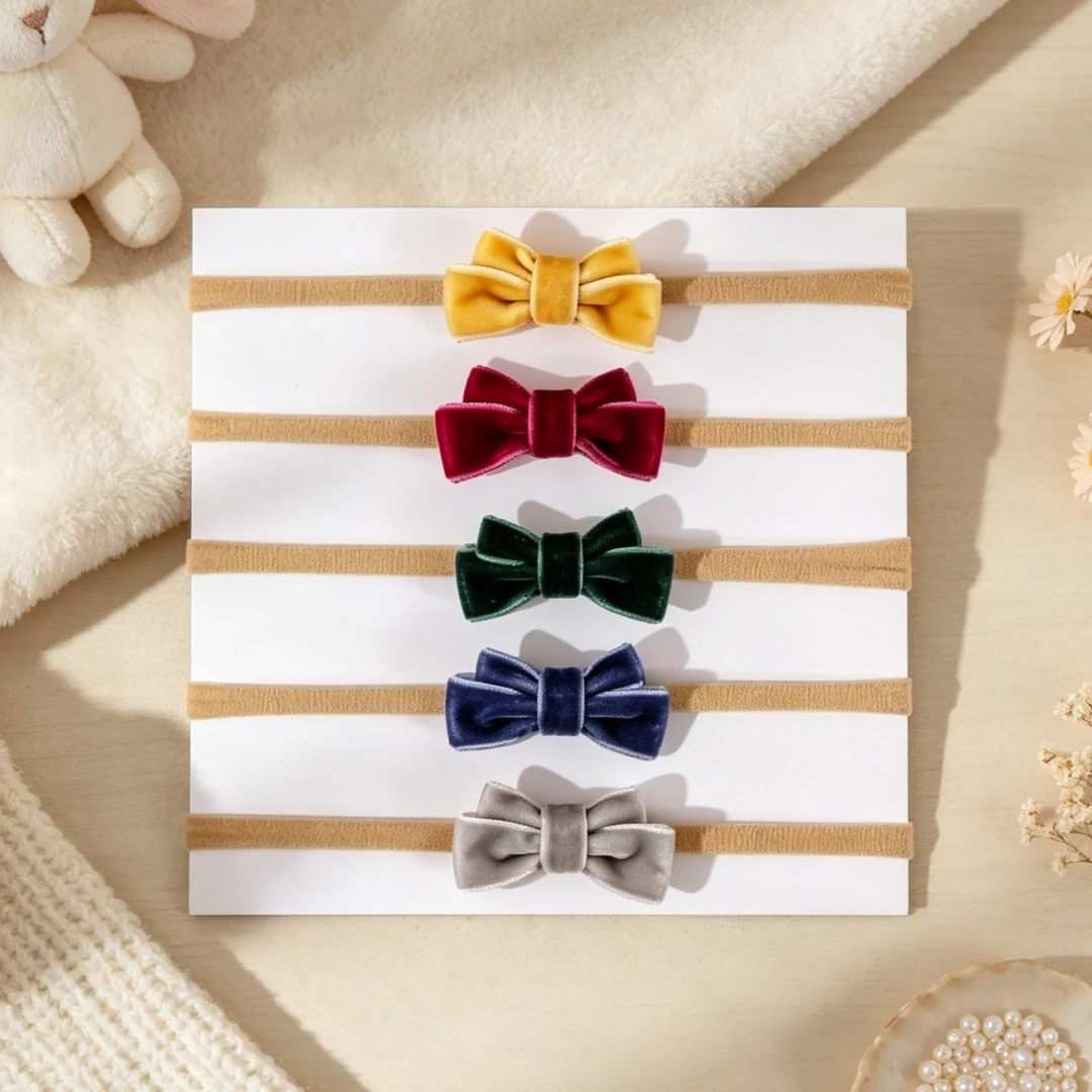 5pcs Velvet Bow Baby Headbands Soft Elastic Nylon Hair Wraps Cute Bowknot Turban Hair Accessories for Newborn Infant Girls