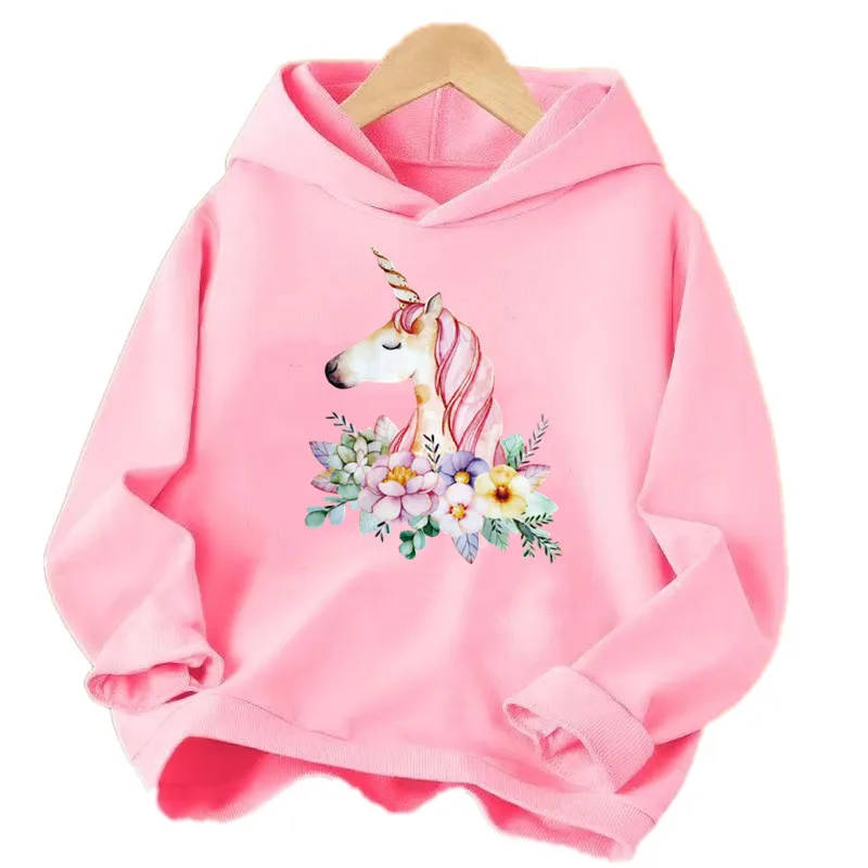 Mädchen-Kapuzenpullover mit Blumenmuster und Einhorn-Print, dünne Kapuzenoberteile für Kinder, Frühling/Herbst, 6 Farben.