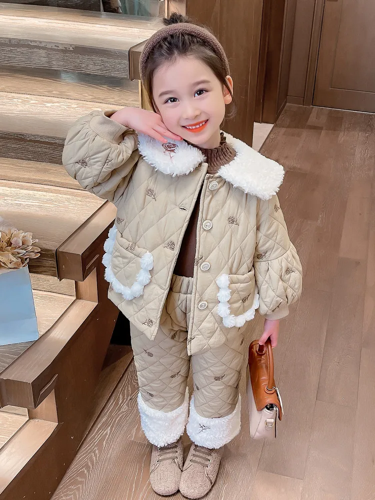 Pink Girls Winter Coat Set Flowers Embriodery Thick Warm Jacket Fleece Patchwork Pants 2Pcs Suit Girl Sweet Clothes Set