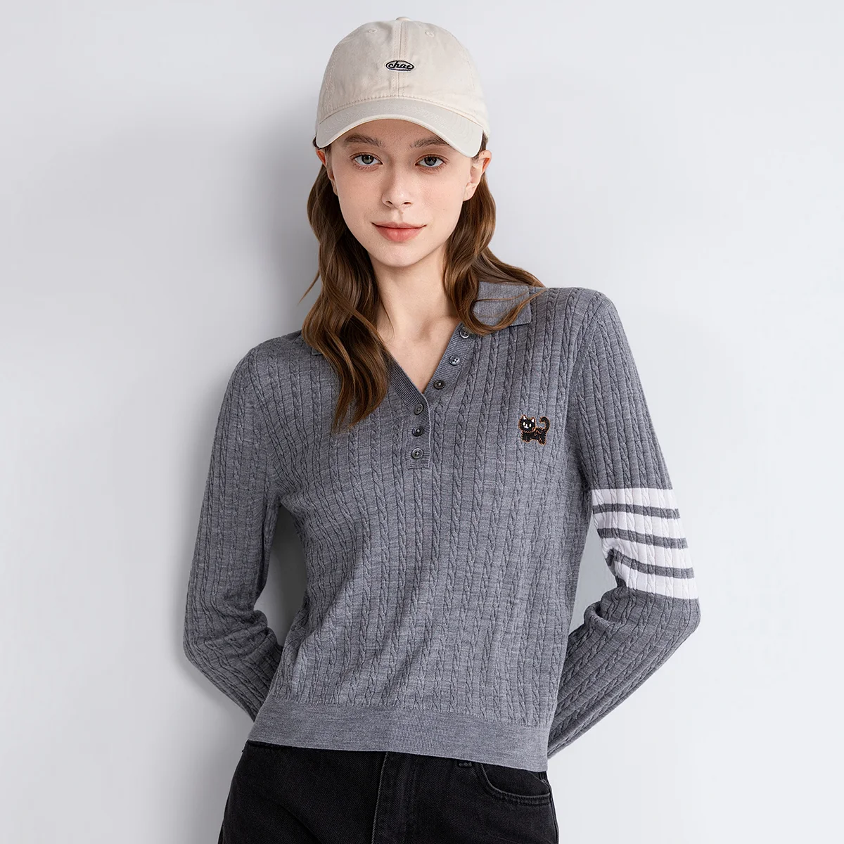 

TY861040 Роскошный женский свитер-поло из шерсти и шелка, облегающий пуловер крупной вязки, дизайнерский топ с четырьмя полосками и длинными рукавами