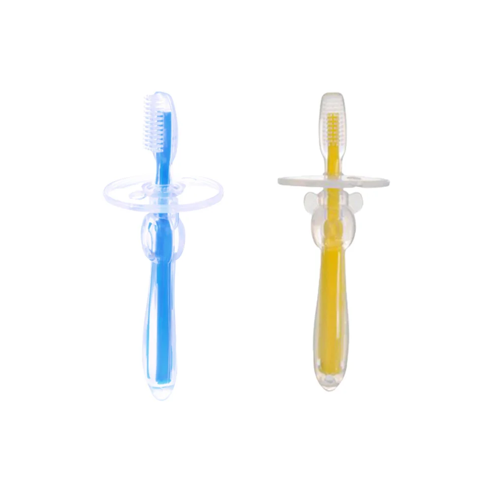 2 قطعة فرشاة أسنان الطفل سيليكون الخشن التدريب فرشاة الأسنان مظلة على شكل حارس السلامة تصميم مريح أصفر أزرق
