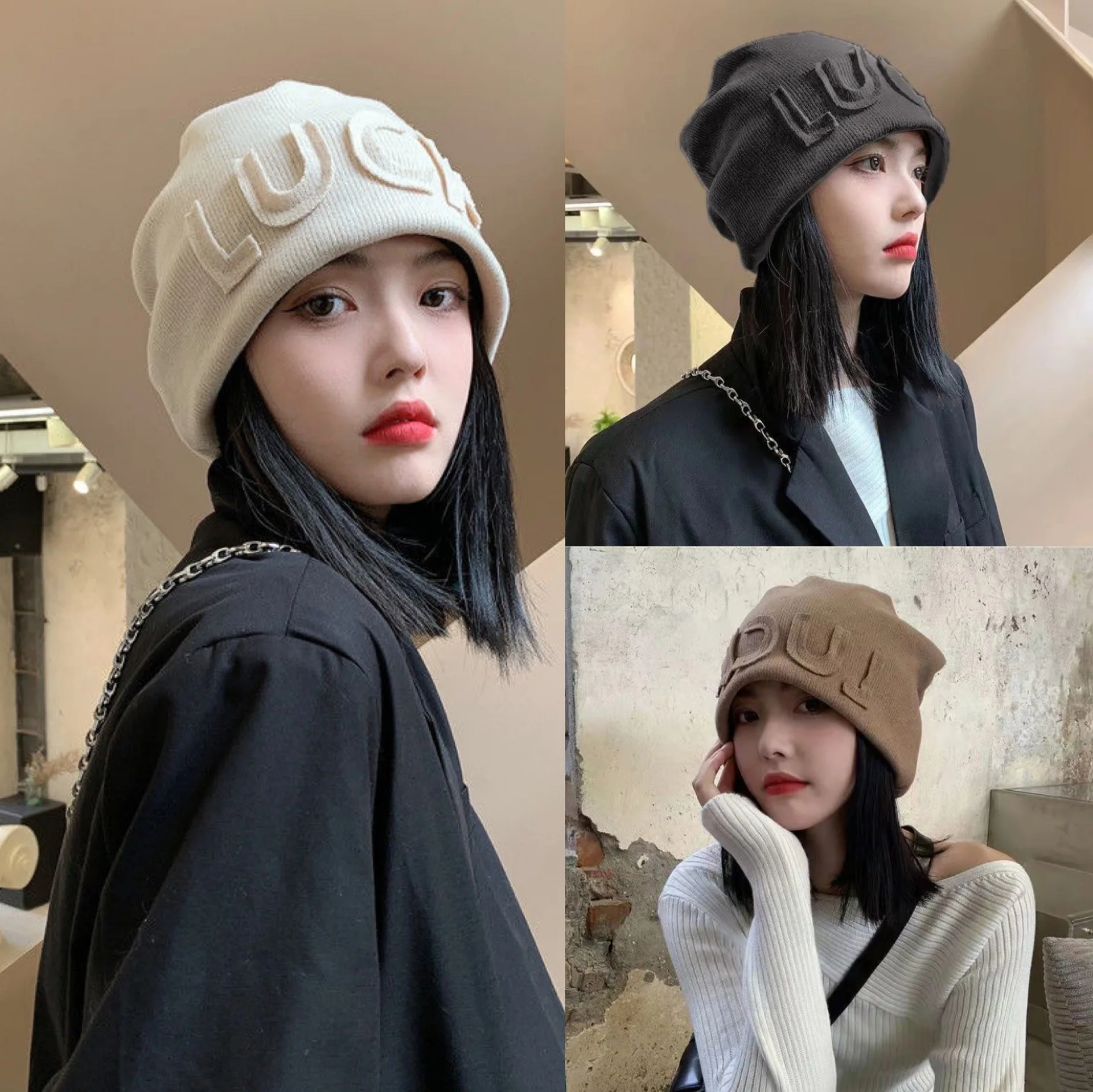 Autumn and Winter Hats Female's Knitted Hats Show Face Small Woolen Hats Net Red Letter Cold Hats Plush Headed Hats Stacked Hat