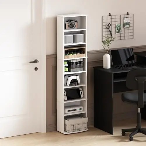 HomeStock Multimedia Storage Tower - Adjustable Shelves for DVDs, CDs & Games White/8 Tier