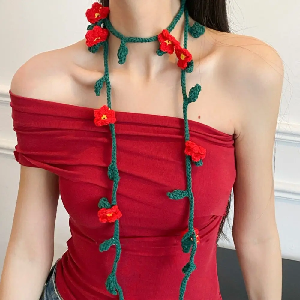 

Прохладный шерстяной вязаный шарф, тонкий вязаный крючком шаль с цветком розы ручной работы, корейский стиль, украшение для одежды, длинные узкие шарфы на открытом воздухе