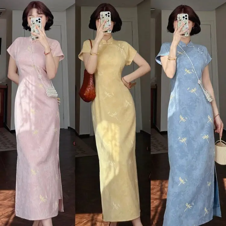 

Summer Traditional Chinese Women Long Cheongsam Dragonfly Print Unique Raglan Sleeve Wedding Party Qipao Dress Girls CH-101