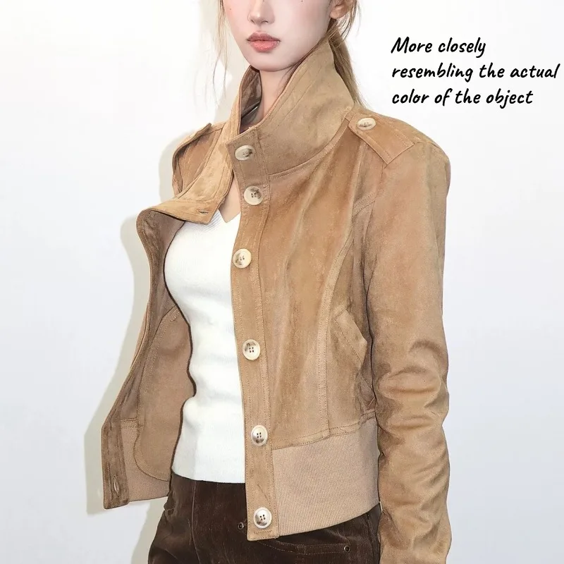 2025 خريف جديد نغمتين من جلد الغزال الإيطالي الملمس التخسيس سترة قصيرة أوائل الخريف معطف بأكمام طويلة نمط دراجة نارية #1