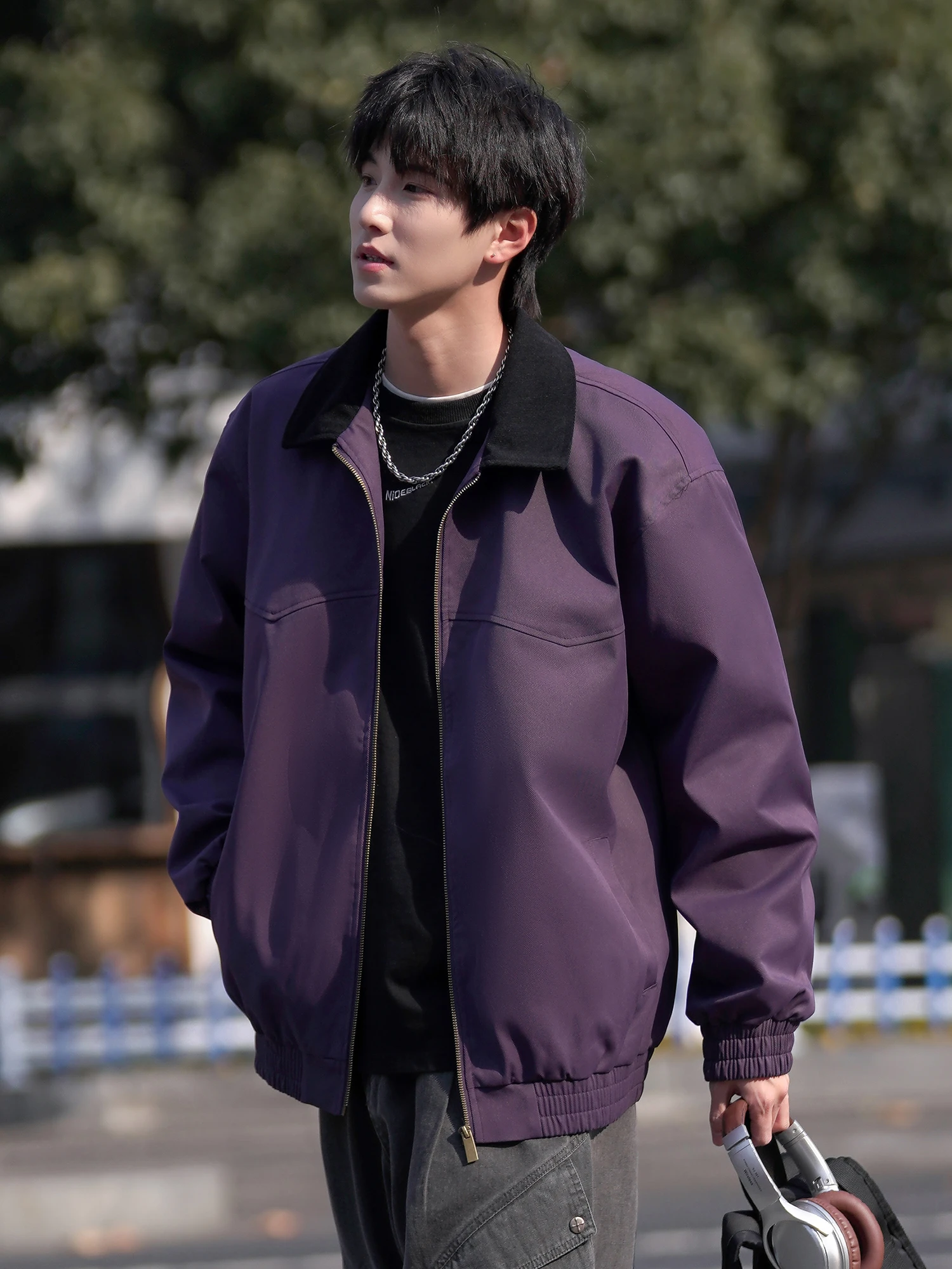 

Vintage Detroit Men's Jaet Loose Fit Turn-down Collar American Sle Spring Autumn Outerwear Polyester Fiber Long Sve