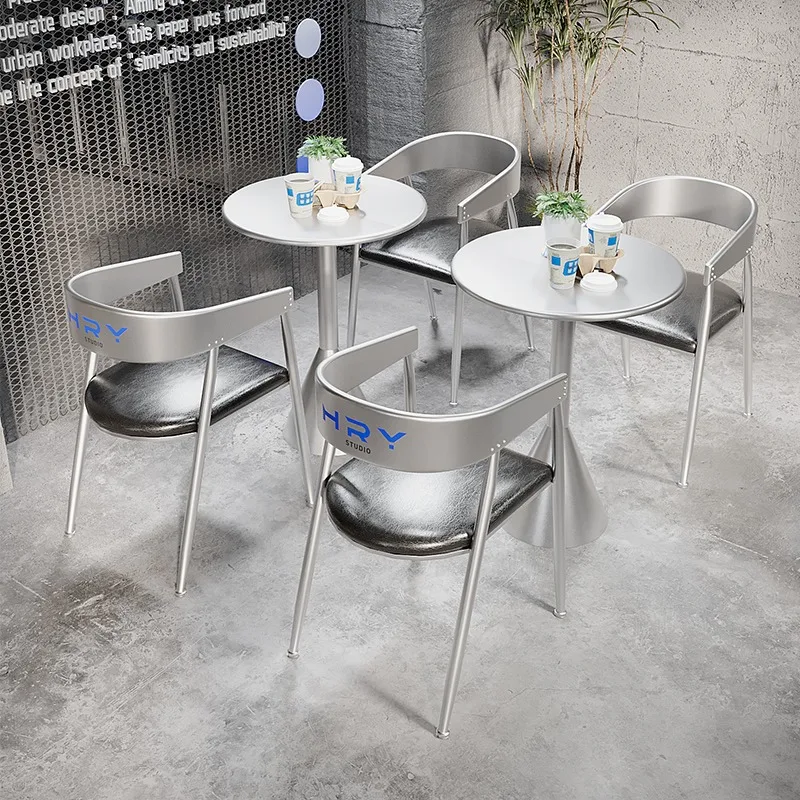 Commercial Modern Iron Cafe Furniture Set with  Option Silver Dining Table and Chairs for Hotel/Mall Brand Stores view 3