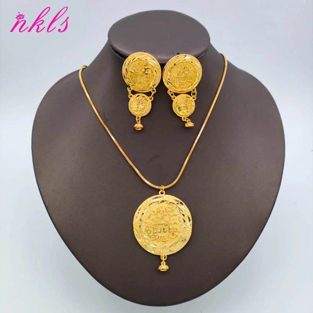

Arabic Dubai Jewelry Set for Women Gold Color Earrings Ethiopian African Pendant Chain Round Earrings Necklace Wedding Bridala