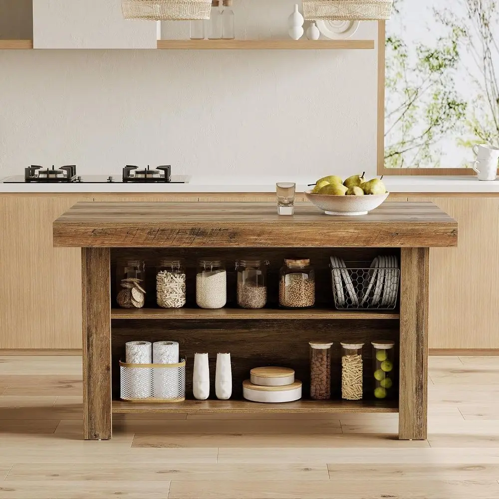 جزيرة مطبخ المزرعة ذات 3 طبقات باللون البني الريفي مع 55 سطح عمل ورف تخزين #4