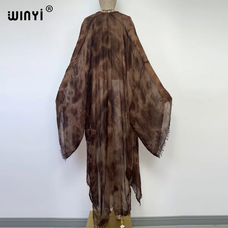 WINYI Women free size Skin-friendly soft retro tie-dye printed cardigan stitch Cocktail sexy Boho beach cover up Holiday kimono